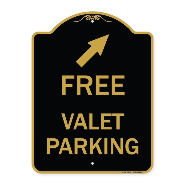 Signmission Free Valet Parking W/ Upper Right Arrow, Black & Gold Aluminum Sign, 18" x 24", BG-1824-23940 A-DES-BG-1824-23940 - main